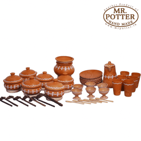 Handmade terracotta clay dinnerware set with traditional pottery design, perfect for Sri Lankan cuisine.