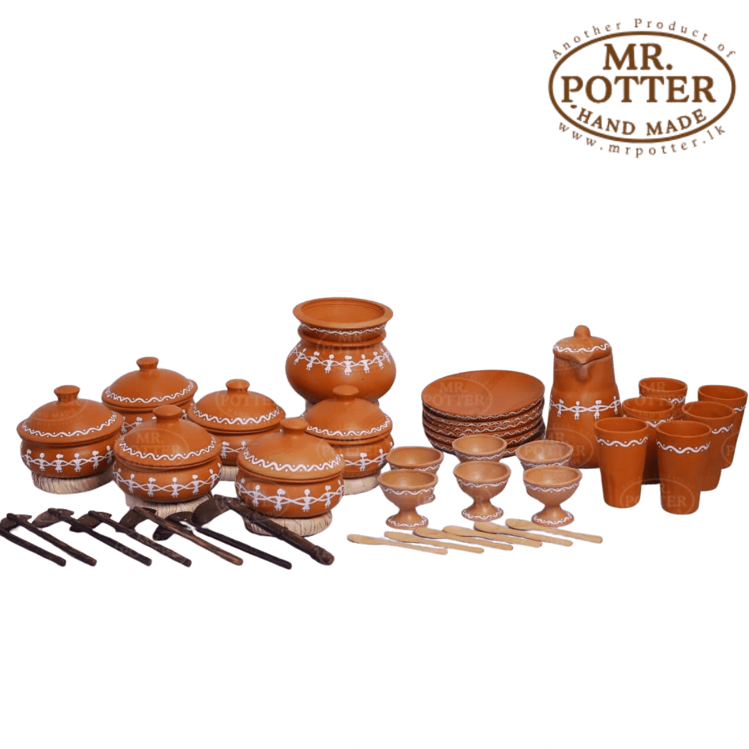 Handmade terracotta clay dinnerware set with traditional pottery design, perfect for Sri Lankan cuisine.