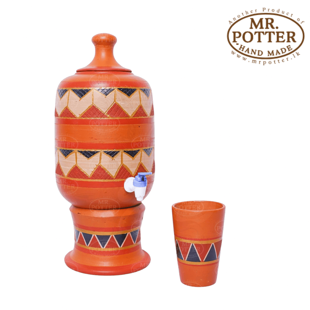 Colorful traditional water dispenser with patterned design for home use.